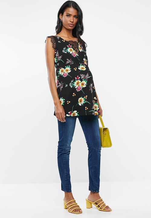 edit Maternity - Maternity Lace Inset floral Tank Top - Black