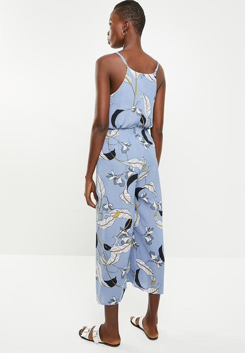 Revenge - Cami strap printed jumpsuit with waist tie - blue