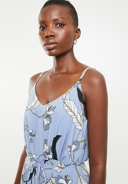 Revenge - Cami strap printed jumpsuit with waist tie - blue
