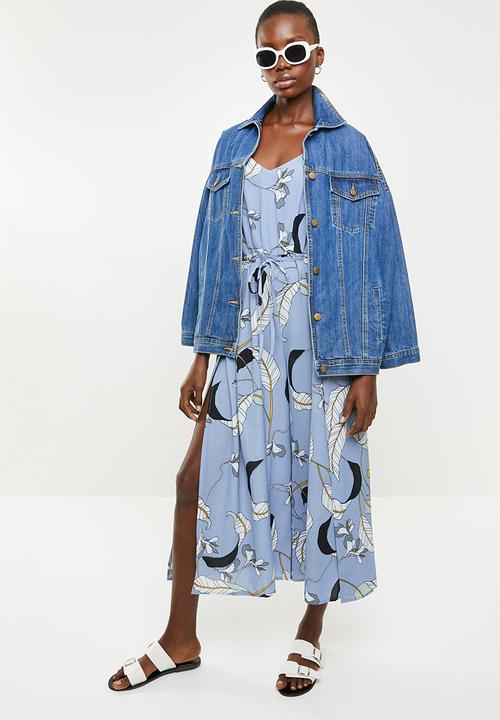 Revenge - Cami strap printed jumpsuit with waist tie - blue