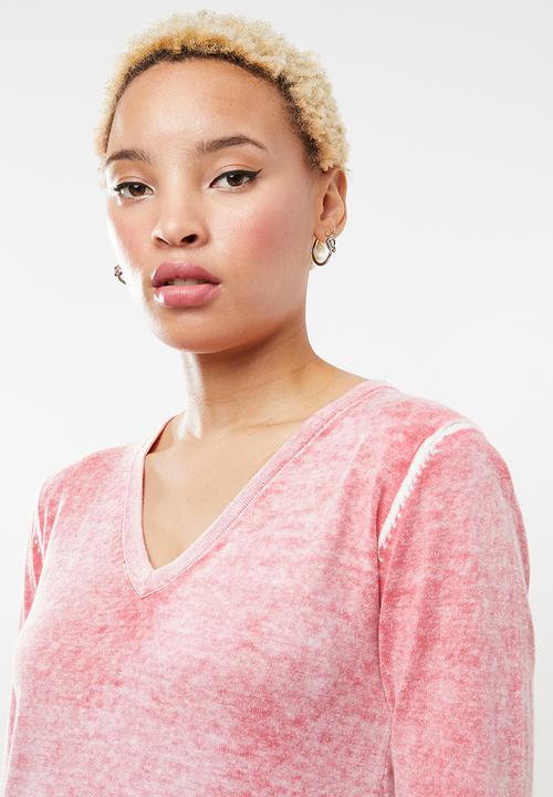 STYLE REPUBLIC - Vintage wash v-neck jersey - pink & white 