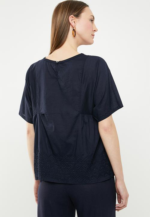 edit - Short sleeve embroidered blouse - navy