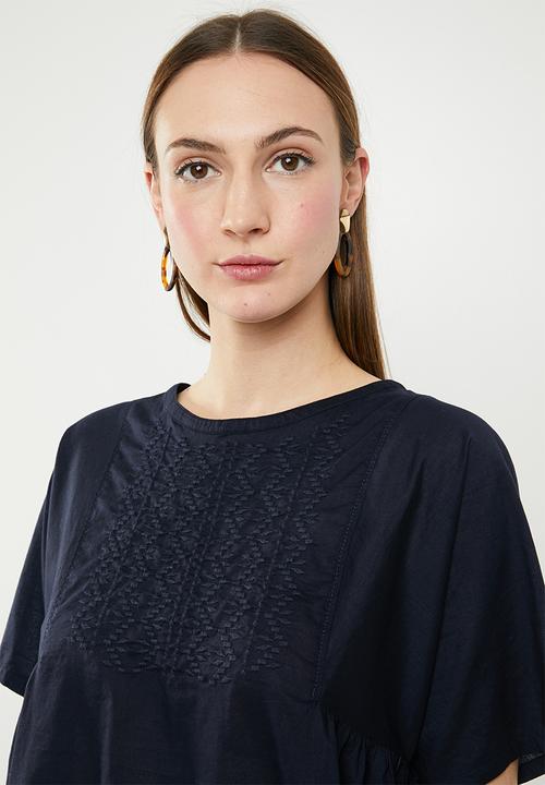 edit - Short sleeve embroidered blouse - navy