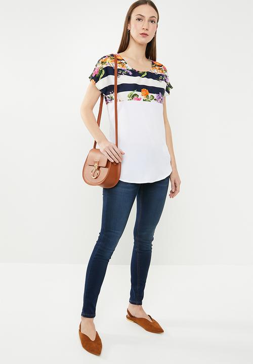 edit - Printed short sleeve blouse - navy & white
