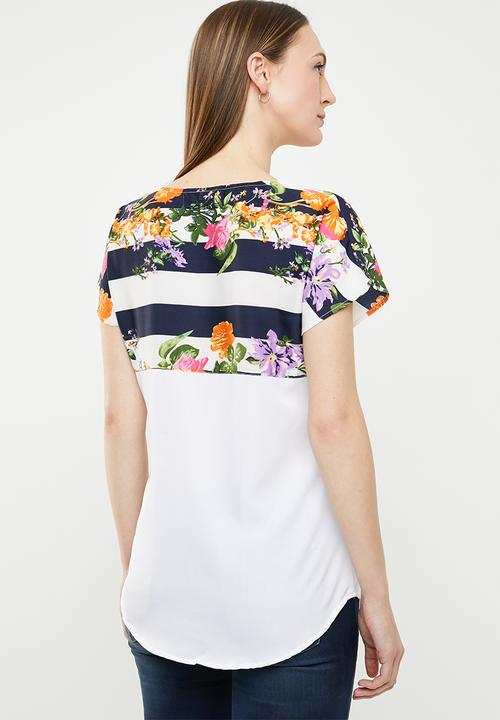 edit - Printed short sleeve blouse - navy & white