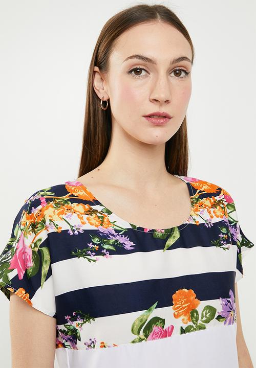 edit - Printed short sleeve blouse - navy & white