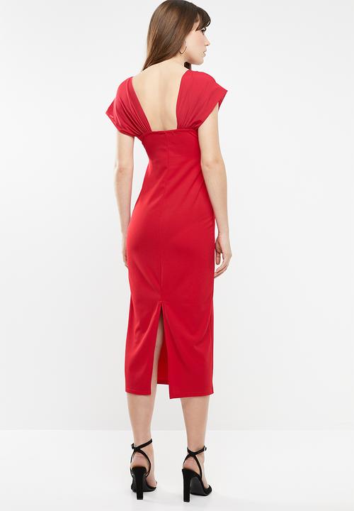 Missguided - Mesh overlay bodycon midi dress - red
