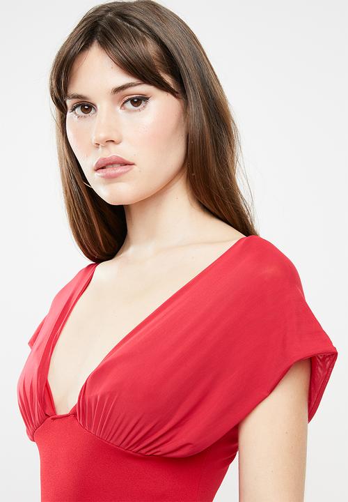 Missguided - Mesh overlay bodycon midi dress - red