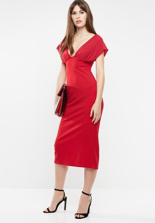 Missguided - Mesh overlay bodycon midi dress - red