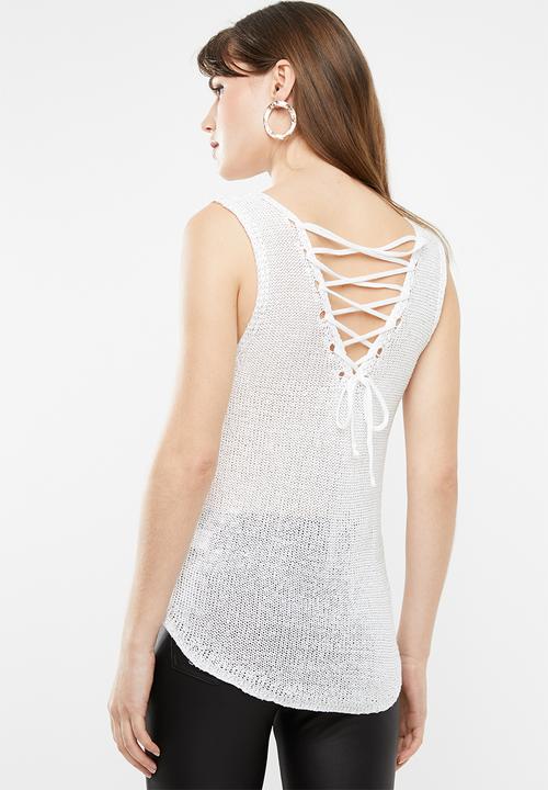 SISSY BOY - Lurex sequin knit top with lace up - white