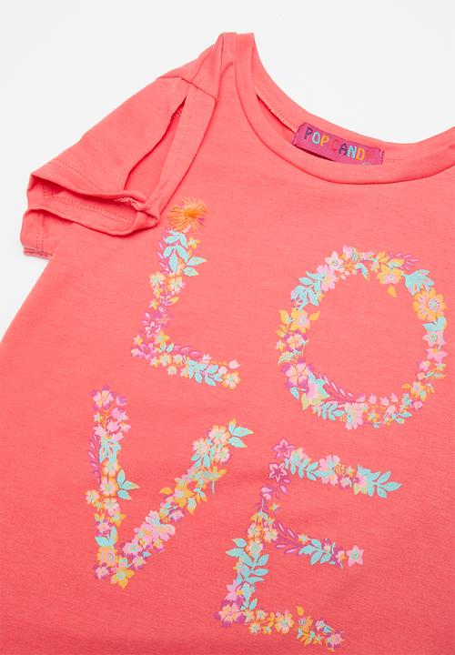 Pop Candy - Girls flower printed love tee - coral