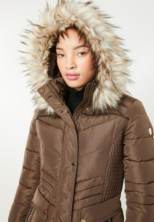 SISSY BOY - Longer length puffer with faux fur - brown 