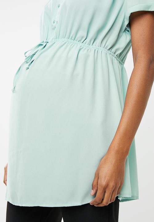 Cherry Melon - Maternity Woven mandarin shirt with short sleeve - blue