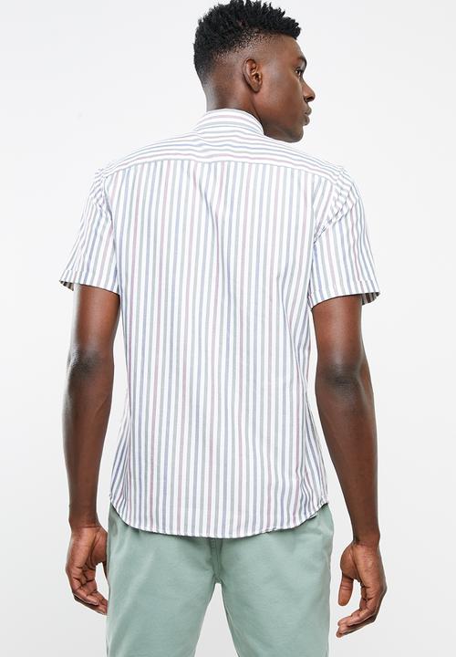 Only & Sons - Travis short sleeve striped shirt - green & burgundy