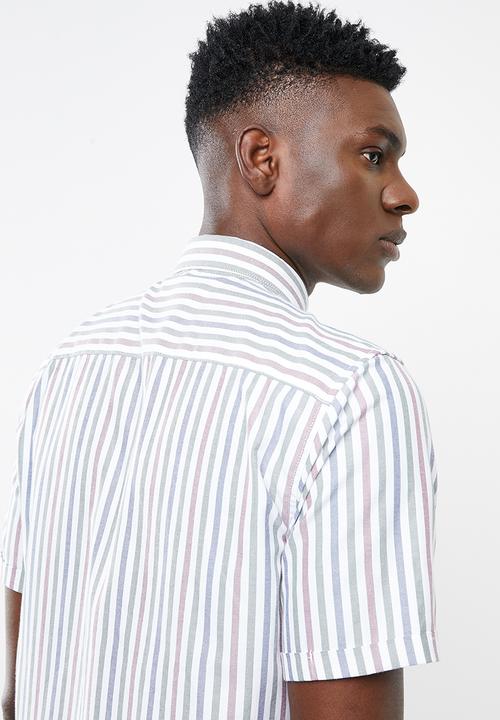 Only & Sons - Travis short sleeve striped shirt - green & burgundy