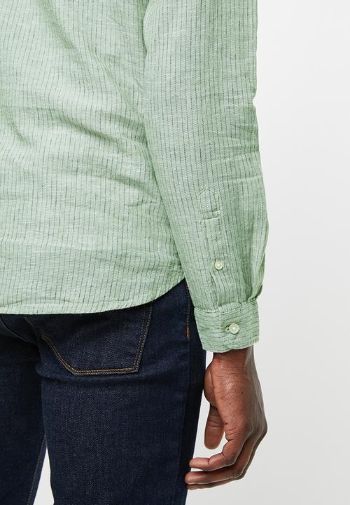 Only & Sons - Caiden long sleeve stripe half placket shirt - green