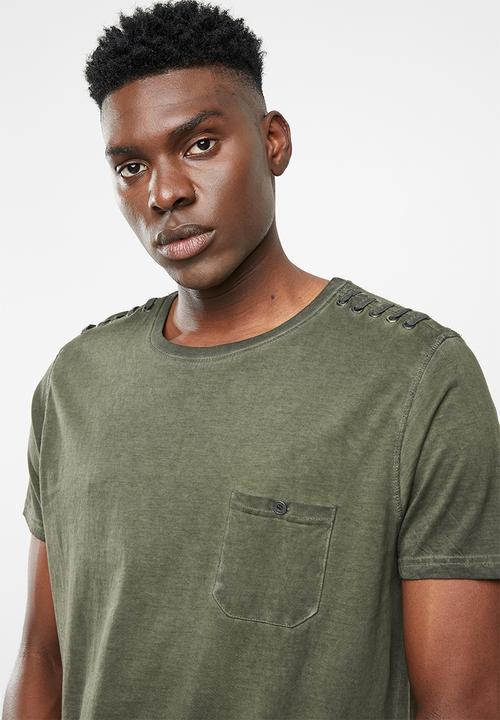 Brave Soul - Busted crew neck longline curved hem tee - khaki green