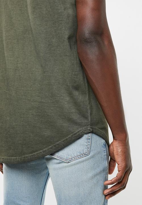 Brave Soul - Busted crew neck longline curved hem tee - khaki green