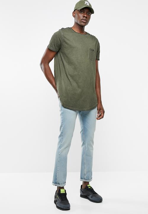 Brave Soul - Busted crew neck longline curved hem tee - khaki green