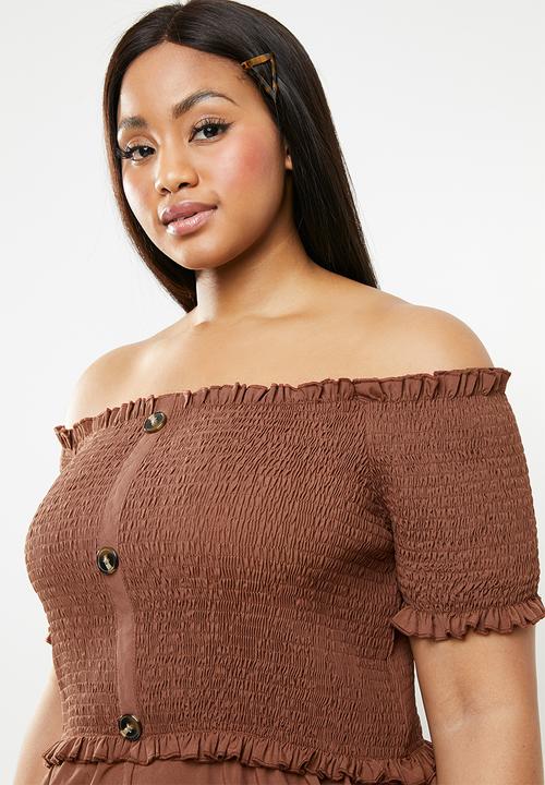 Missguided - Curve bardot shirred jumpsuit - brown