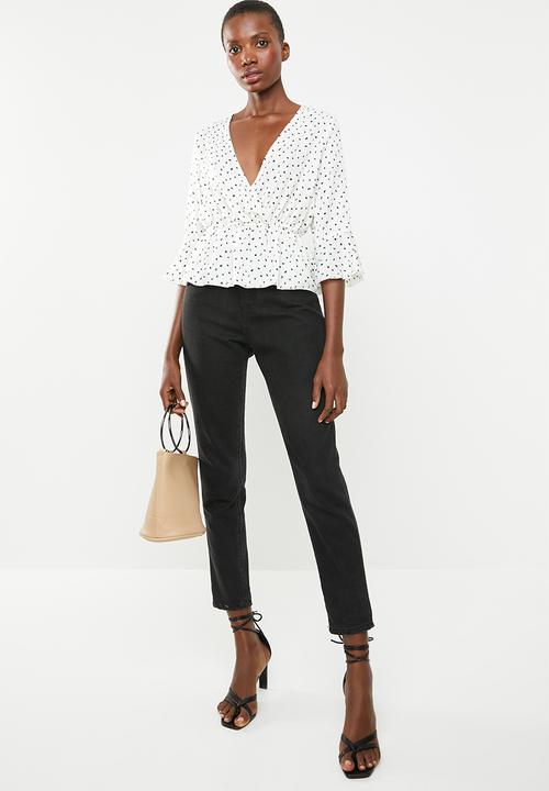 Missguided - Spot wrap front peplum top - cream & black