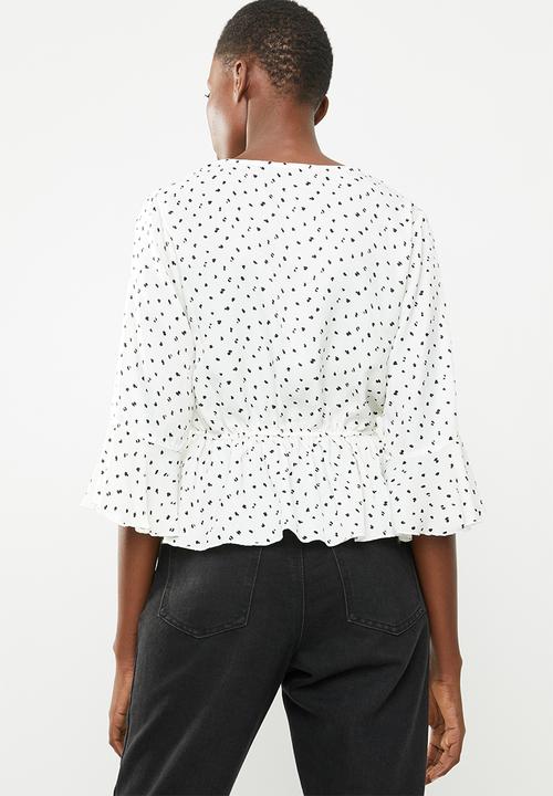 Missguided - Spot wrap front peplum top - cream & black