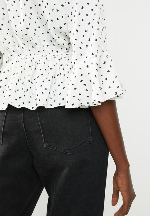 Missguided - Spot wrap front peplum top - cream & black