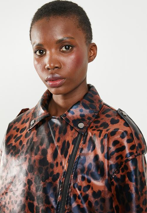 Missguided - Animal boyfriend biker jacket - brown & black