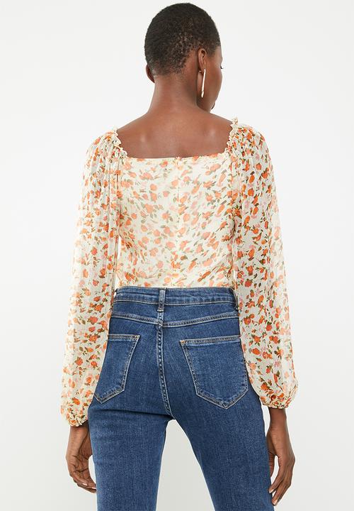Missguided - Milkmaid ditsy floral long sleeve bodysuit - orange