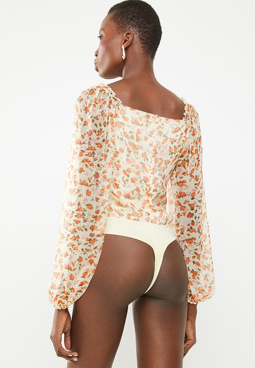 Missguided - Milkmaid ditsy floral long sleeve bodysuit - orange