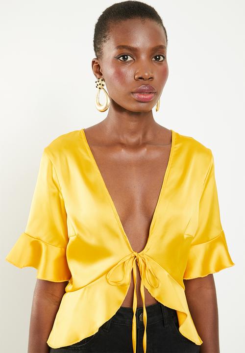 Missguided - Short sleeve tie front crop - yellow