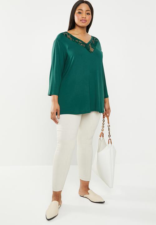 edit Plus - Lace inset v-neck top - green