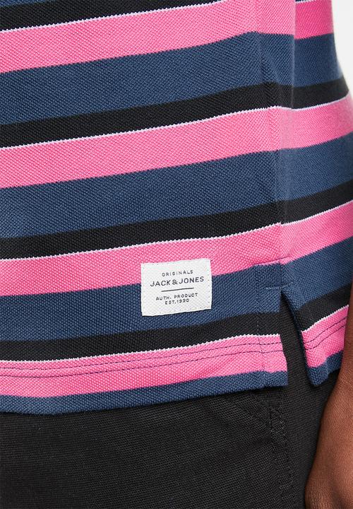Jack & Jones - Stripe short sleeve polo - pink & navy
