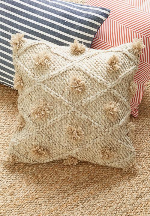 Sixth Floor - Leah hand woven cushion cover with pom poms - brown