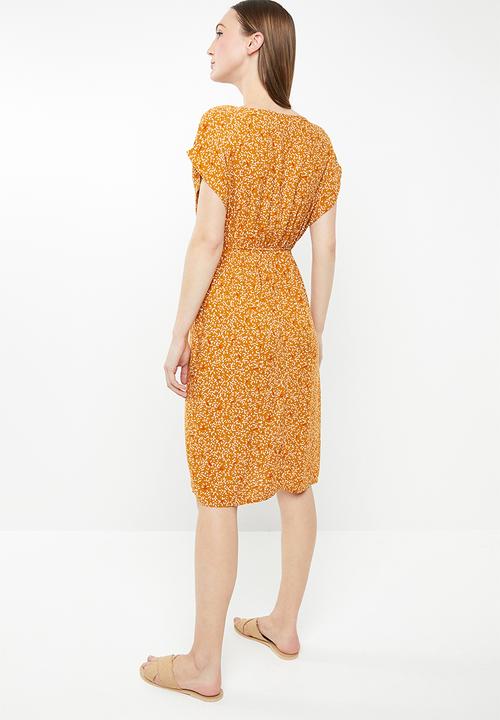 edit - Mock wrap dress with draw-cord - yellow