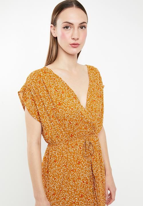 edit - Mock wrap dress with draw-cord - yellow
