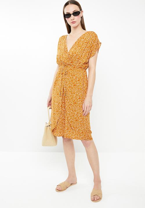 edit - Mock wrap dress with draw-cord - yellow
