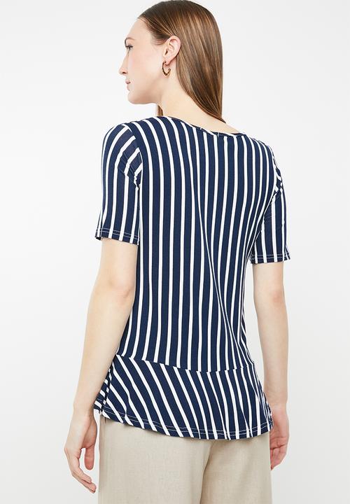 edit - Draw-cord peplum top - navy & white