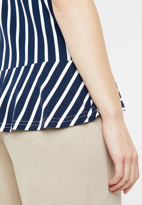 edit - Draw-cord peplum top - navy & white