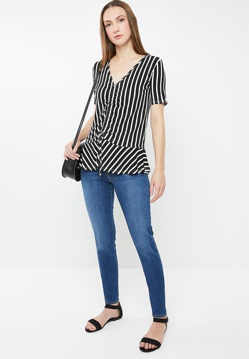 edit - Draw-cord peplum top - black & white