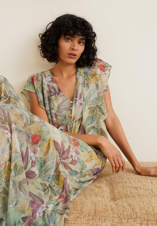 MANGO - Floral chiffon maxi dress with ruffle detail  - green