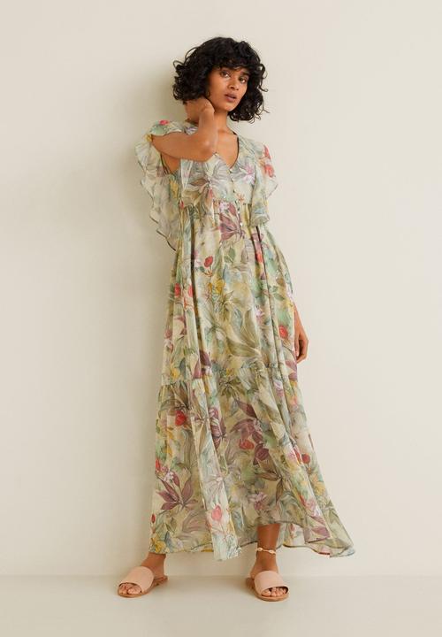 MANGO - Floral chiffon maxi dress with ruffle detail  - green