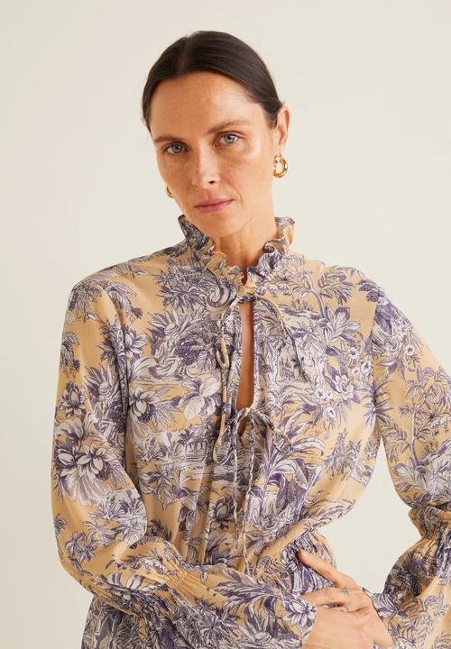 MANGO - Floral flared sleeve blouse - peach & purple 