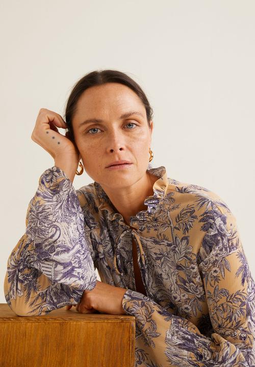 MANGO - Floral flared sleeve blouse - peach & purple 