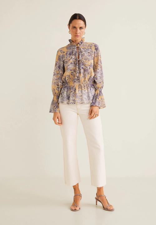MANGO - Floral flared sleeve blouse - peach & purple 