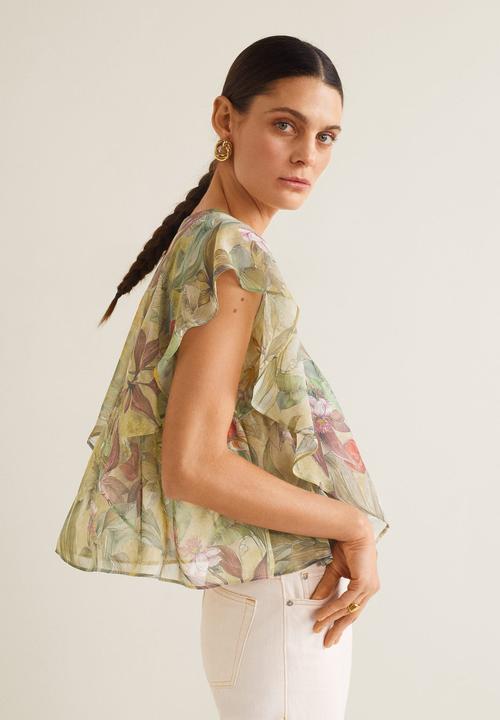 MANGO - Floral blouse with frill detail - green