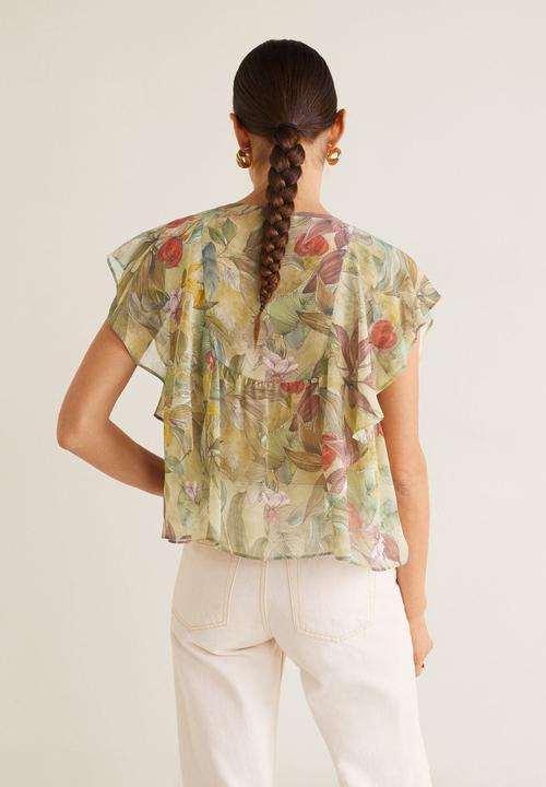 MANGO - Floral blouse with frill detail - green