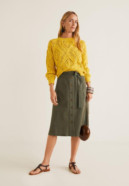MANGO - Striped linen-blend buttoned skirt - khaki