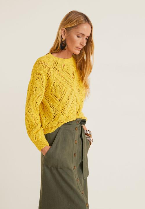 MANGO - Striped linen-blend buttoned skirt - khaki