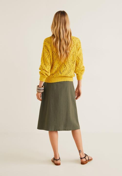 MANGO - Striped linen-blend buttoned skirt - khaki